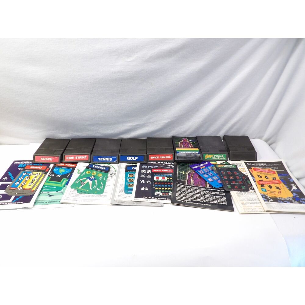 Intellivision video game cartridge lot 8 pcs Mattel, overlays and books, vintage